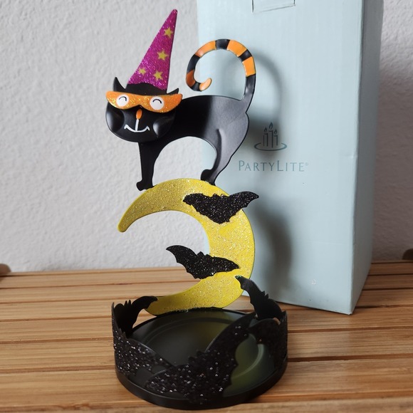 Halloween PartyLite Charmed Cat Tealight Votive Candle Holder Sparkly Witch Moon - Picture 10 of 10